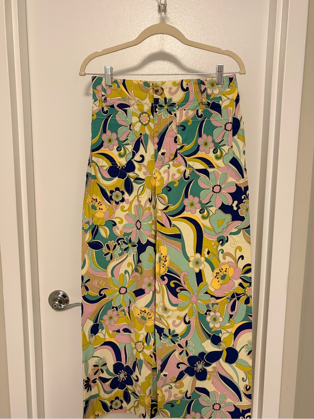 Anthropologie Cropped Floral Pants in Yellow, Pink & Navy